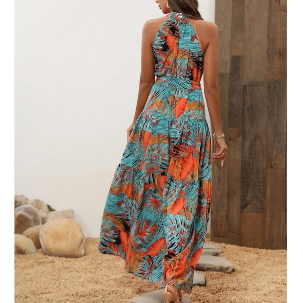 Tropical Palm Print Belted Halter Maxi Dress - Picture 7 of 8